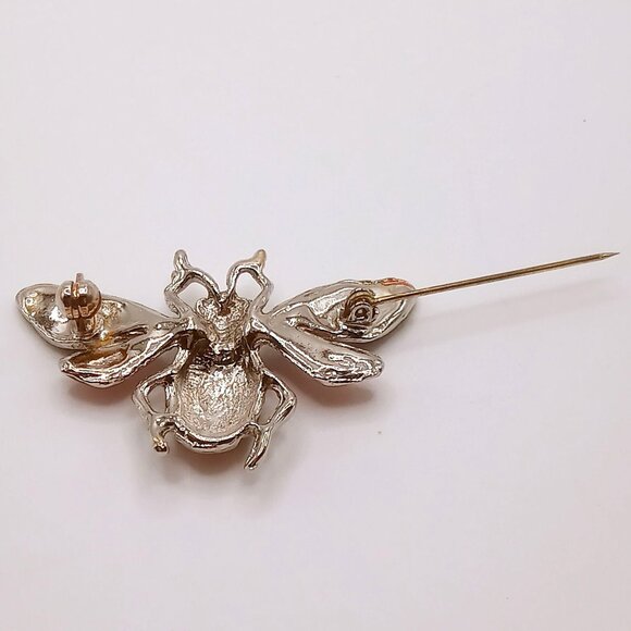 Vintage Bee Brooch Red Blue Green Striped Enameled Rhinestone Silver-tone Pin - Picture 7 of 10